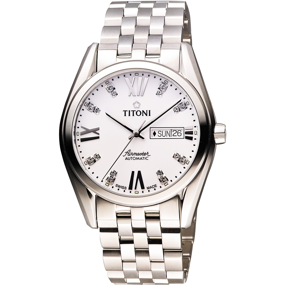 TITONI Airmaster 紳士時尚Day-Date機械腕錶-銀/40mm