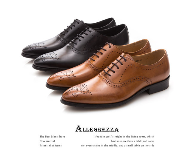 ALLEGREZZA-真皮男鞋-無可取代-經典藝紋雕花尖頭綁帶牛津皮鞋 黑色