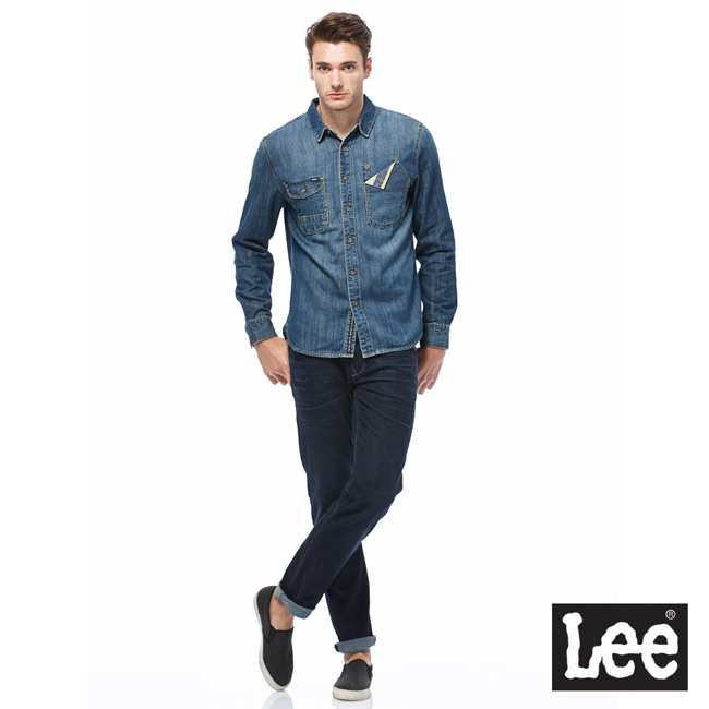 Lee 牛仔長袖襯衫-男款-藍色