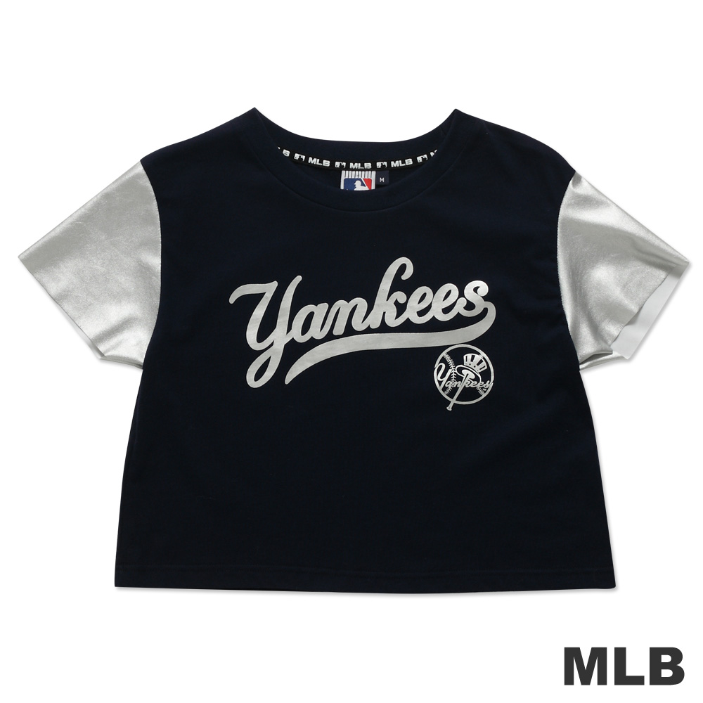 MLB-紐約洋基隊短版皮袖印花T恤-深藍(女)