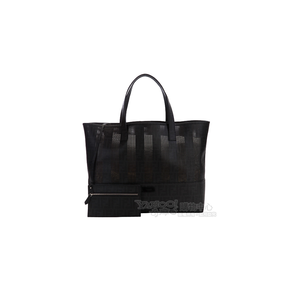FENDI 黑色雙F膠質帆布購物包(附萬用袋)