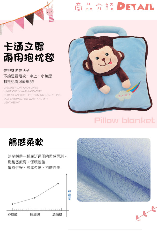 亞曼達Amanda 立體卡通兩用法萊絨抱枕毯子-淘氣猴(藍)