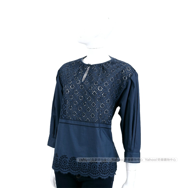 PHILOSOPHY 深藍色菱格縷空織花七分袖上衣