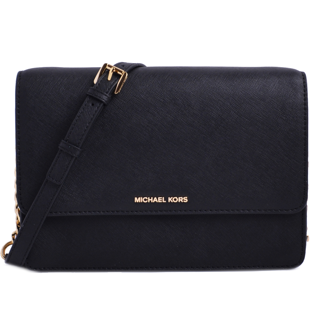 MICHAEL KORS Daniela 金LOGO防刮皮革鍊帶手拿/斜背二用包-黑