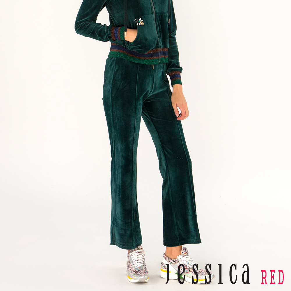 JESSICA RED - 立體線條素面絲絨長褲（綠）