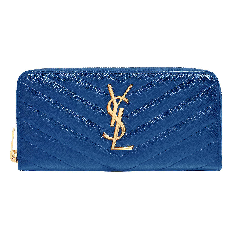 YSL MONOGRMONOGRAM系列V字縫線魚子醬牛皮金屬LOGO拉鍊手拿長夾(寶藍)