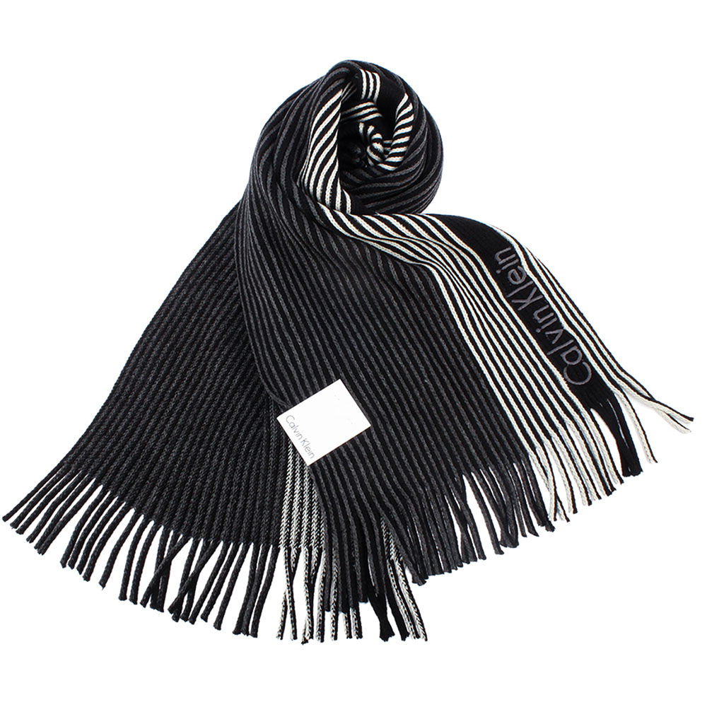 Calvin Klein CK 直條紋刺繡LOGO雙色針織圍巾-黑/白