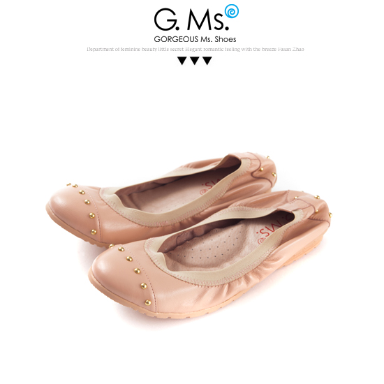 G.Ms. 氣質金色鉚釘全真皮微坡跟娃娃鞋-魅力粉