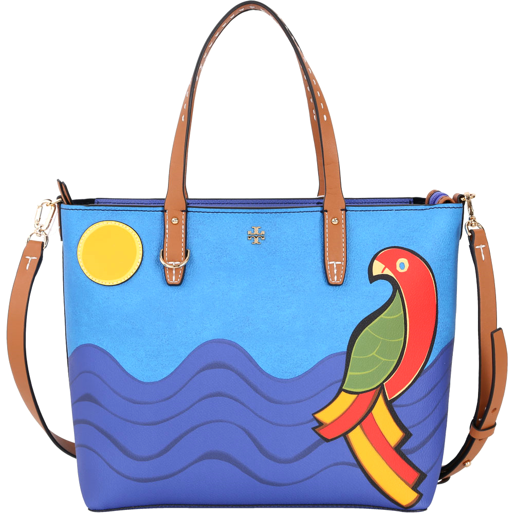 TORY BURCH Kerrington Parrot 熱帶鸚鵡圖騰兩用托特包(小/藍)