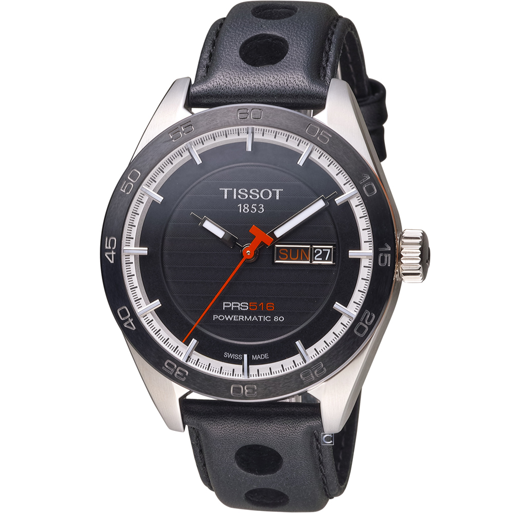 TISSOT PRS 516 賽車元素機械錶-黑x皮帶版/42mm