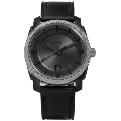 FOSSIL 成熟剛強復古美學日期真皮手錶-深灰x黑框/42mm