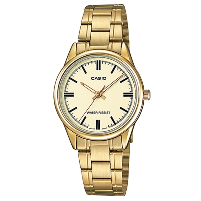 CASIO 經典復古輕巧指針日期腕錶-金色X黃面丁字(LTP-V005G-9A)/30mm