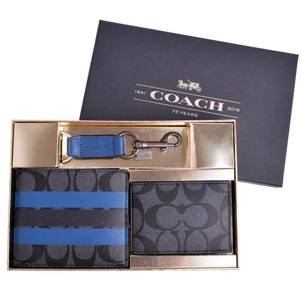 COACH 經典滿版C LOGO防刮皮革短夾/卡夾/鑰匙圈三件禮-灰/藍(附原廠禮盒)