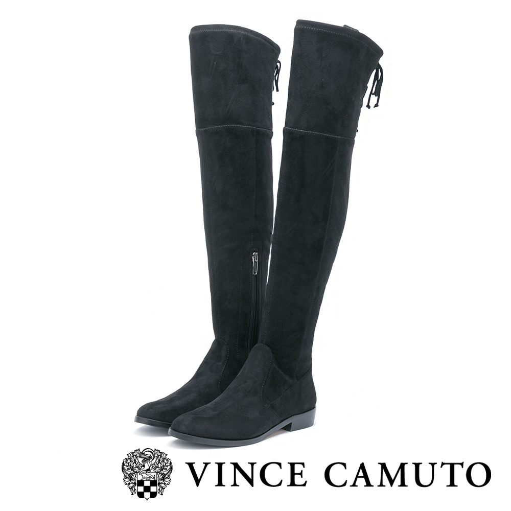 Vince Camuto  靜謐個性 綁帶拼接低跟過膝靴-黑色