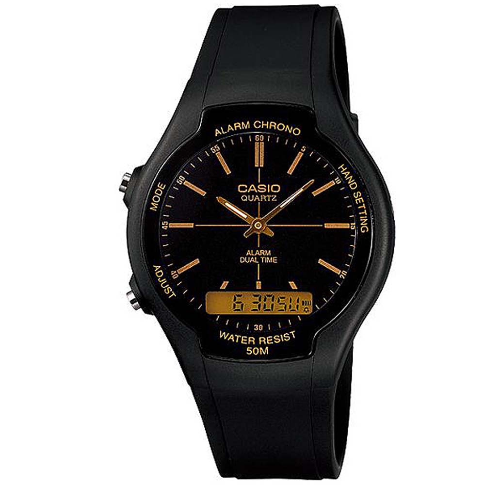 CASIO 酷炫經典指針雙顯錶(AW-90H-9E)-黑/金色時標/39mm