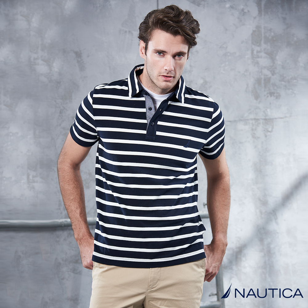 Nautica 夏日清新條紋短袖POLO衫 -深藍