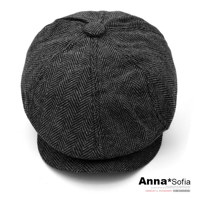 AnnaSofia 毛呢葉脈紋 報童帽貝蕾帽(黑灰系)