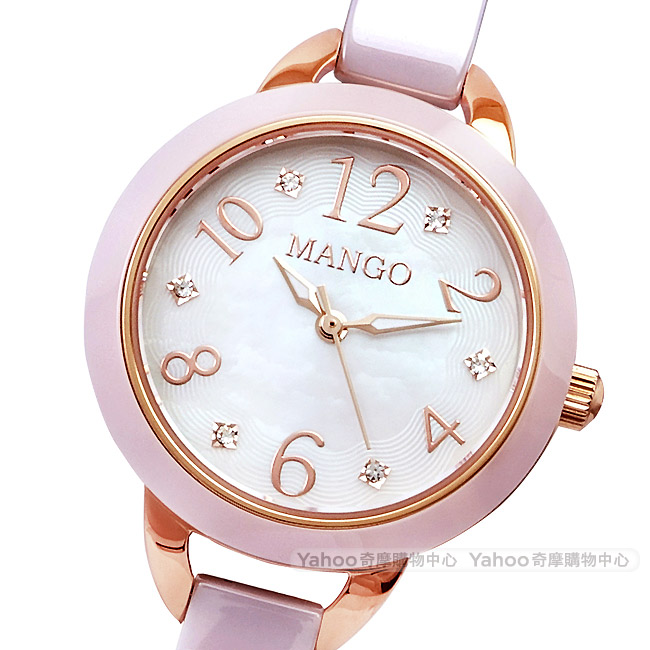 MANGO 優雅晶鑽珍珠貝陶瓷手錶-粉x玫瑰金/25mm