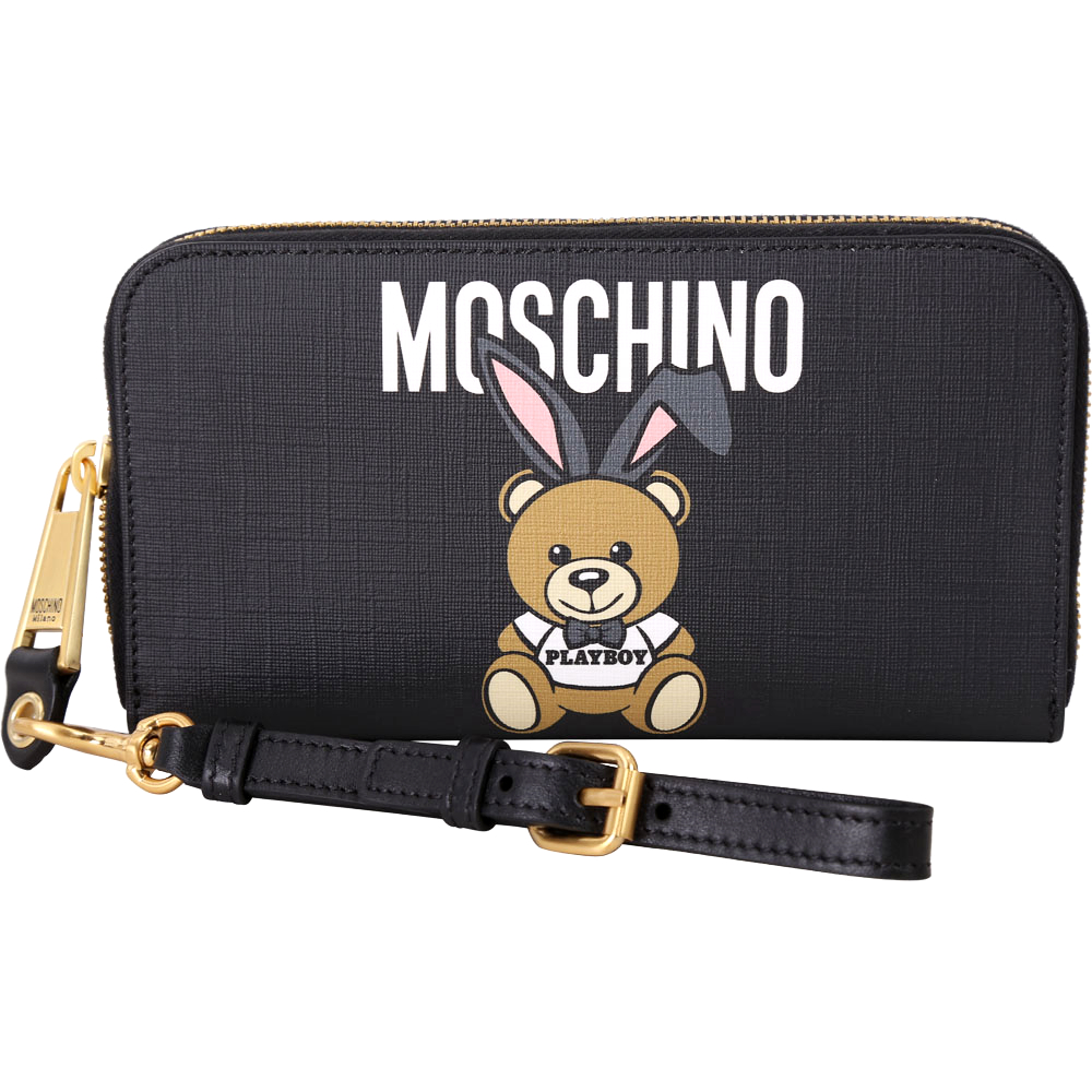 MOSCHINO Playboy 聯名款兔耳泰迪熊圖案皮夾/手腕包(黑色)