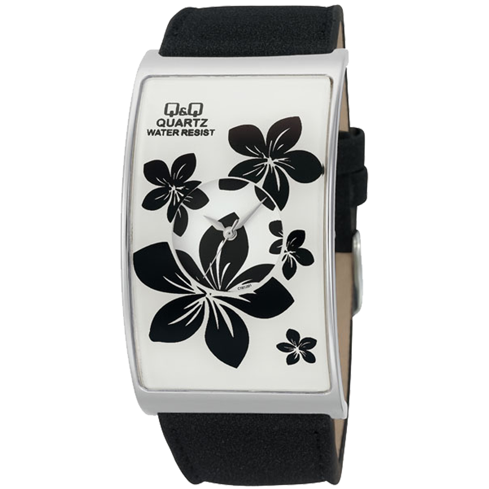 Q&Q 櫻花圖騰環型腕錶皮帶款-白x黑色錶帶/33mm
