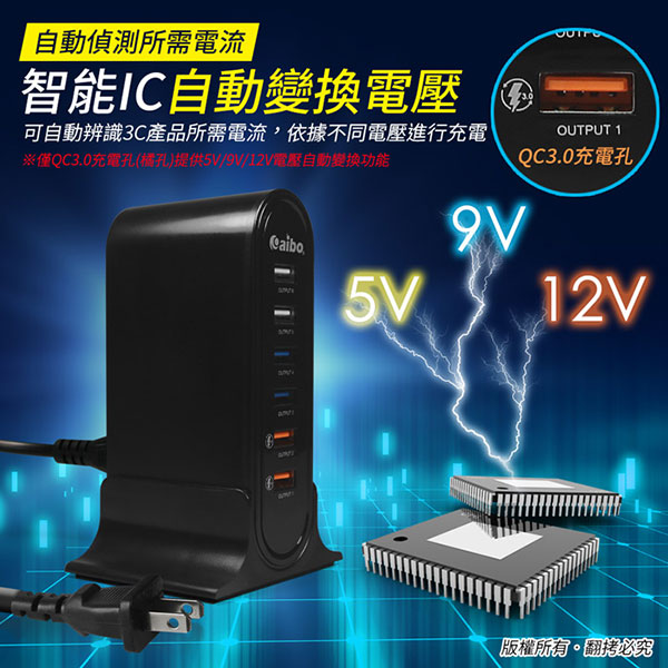 aibo Q668 智慧QC3.0 5V/9V/12V 6埠高速快充器(支援Type-C充