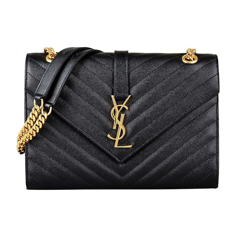 YSL SAINT LAURENT經典金字LOGO V字紋魚子醬牛皮鏈帶斜背肩背包-小/黑