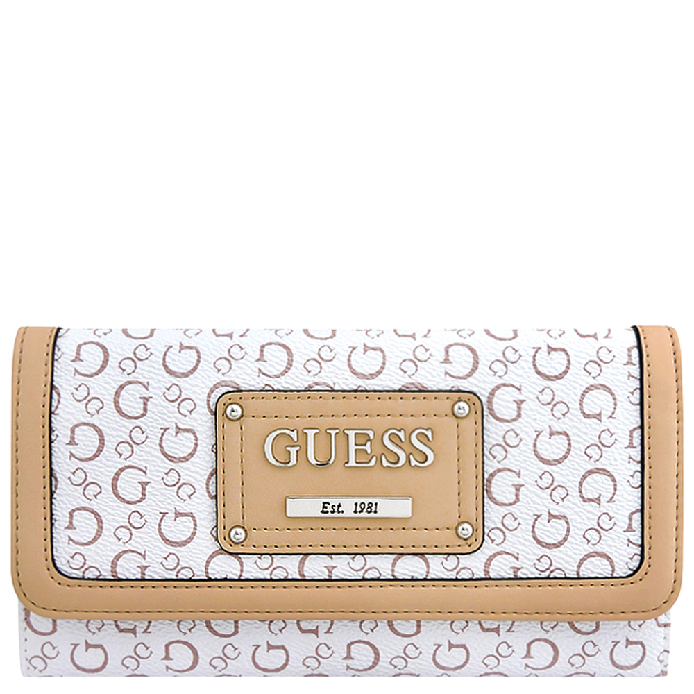 GUESS 白色LOGO PVC三摺長夾