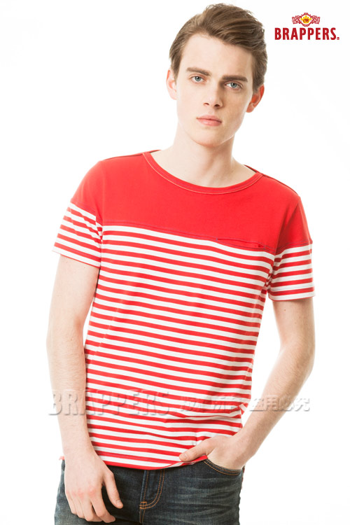 BRAPPERS 男款 胸前剪接條紋短袖T恤-紅