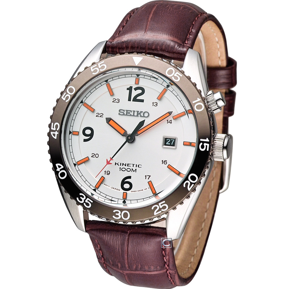SEIKO Kinetic 機器戰警 時尚腕錶(SKA619P1)-白x咖啡/44mm