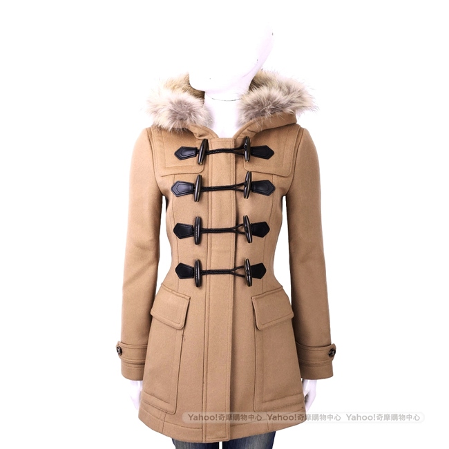 BURBERRY 可拆式浣熊皮草飾駝色連帽牛角扣羊毛大衣