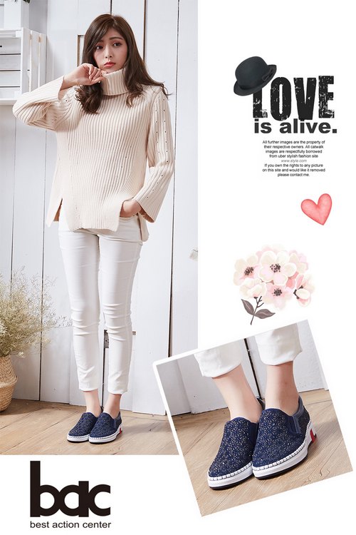 bac時尚休閒 水鑽排列厚底休閒鞋-藍色