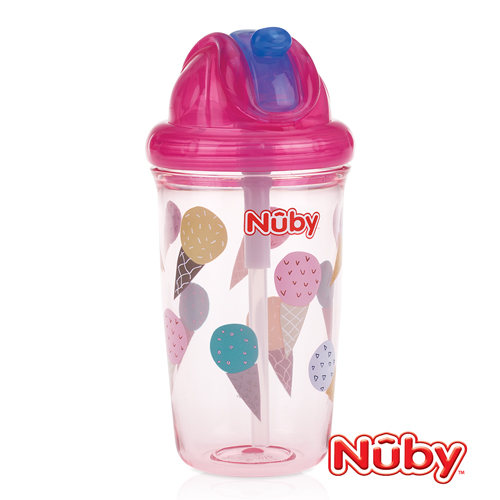 Nuby 晶透學飲杯粗吸管300ml-粉(12M+)