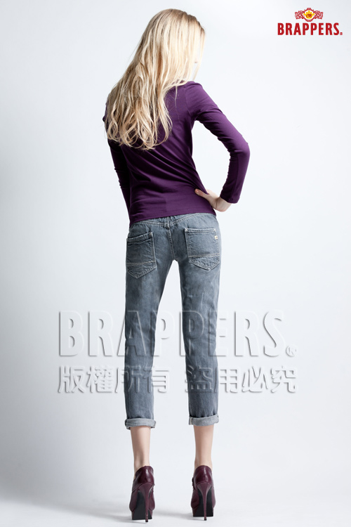 BRAPPERS 女款BoyFriendJeans系列-女用3D八分反摺褲-淺黑灰