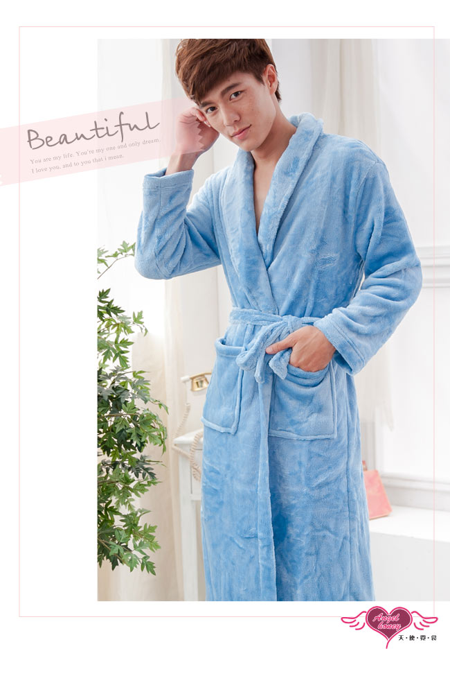 天使霓裳 法式甜心 柔軟珊瑚絨綁帶睡袍 浴袍(淺藍F)