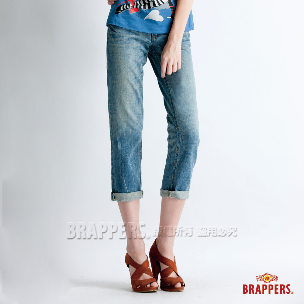 BRAPPERS 女款  Boy Friend Jeans系列-女用彈性七分反摺褲-淺藍