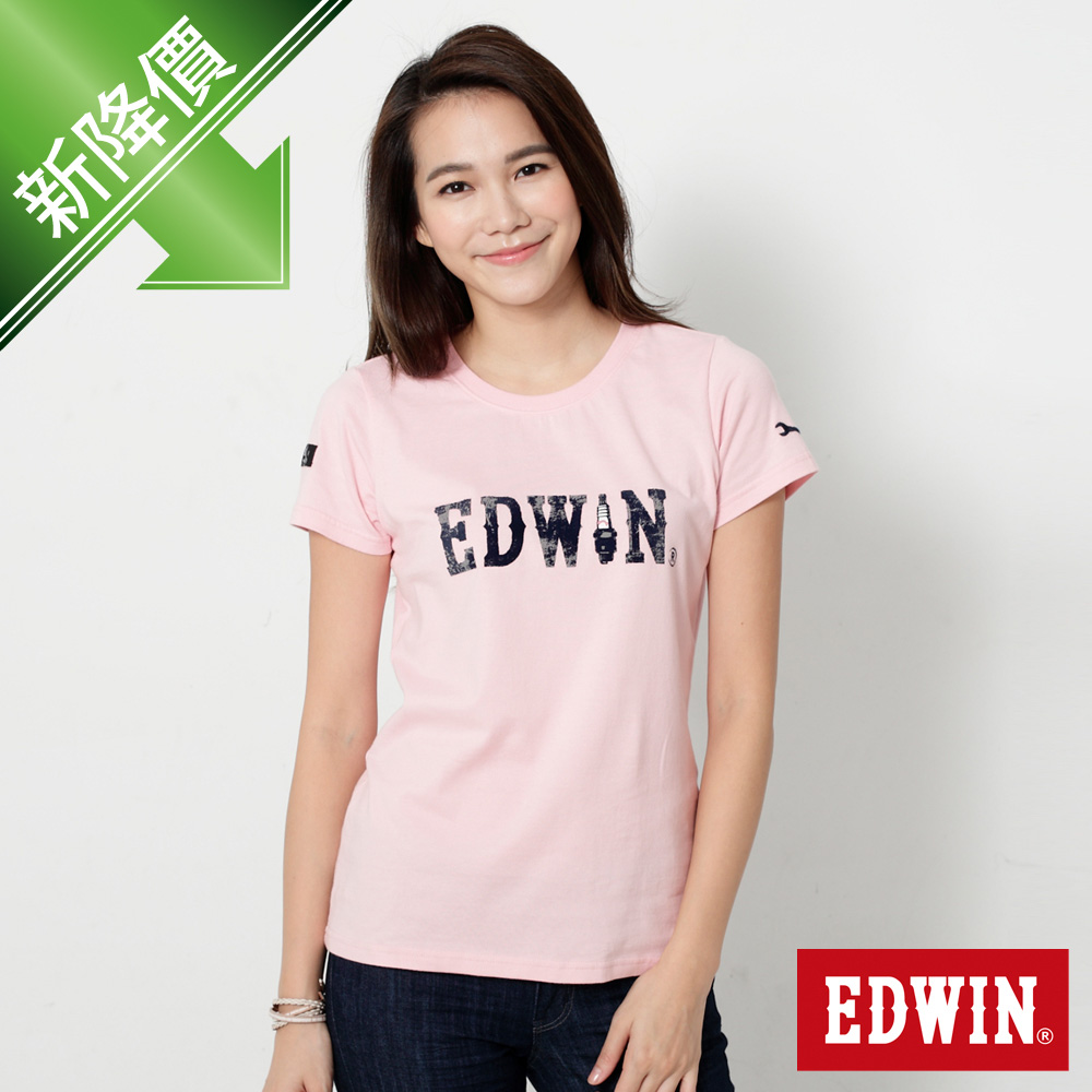 EDWIN 火星塞LOGO短袖T恤-女-淺粉紅