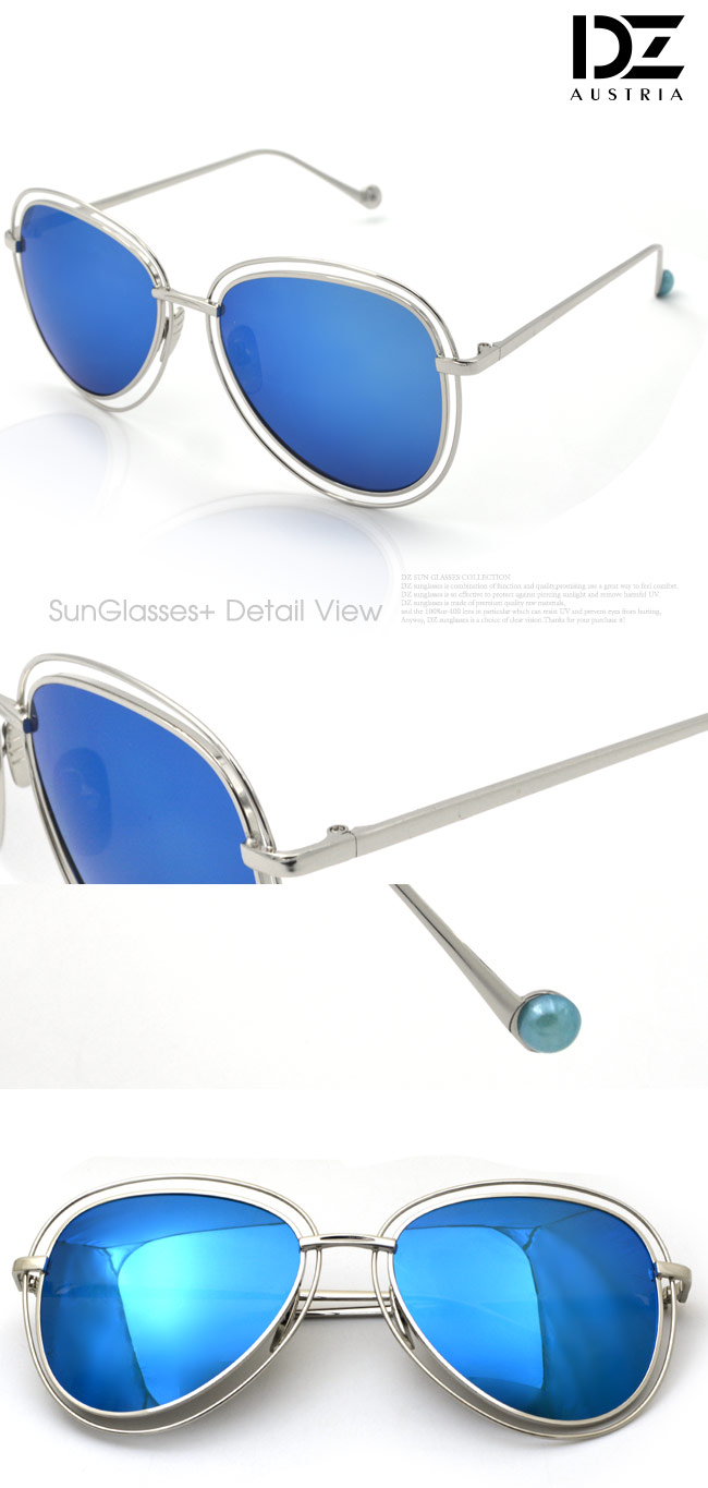 DZ 飾線大框彩球腳 抗UV 太陽眼鏡墨鏡(銀框冰藍膜)