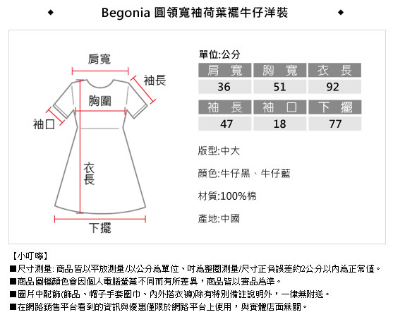 Begonia 圓領寬袖荷葉襬牛仔洋裝(共二色)