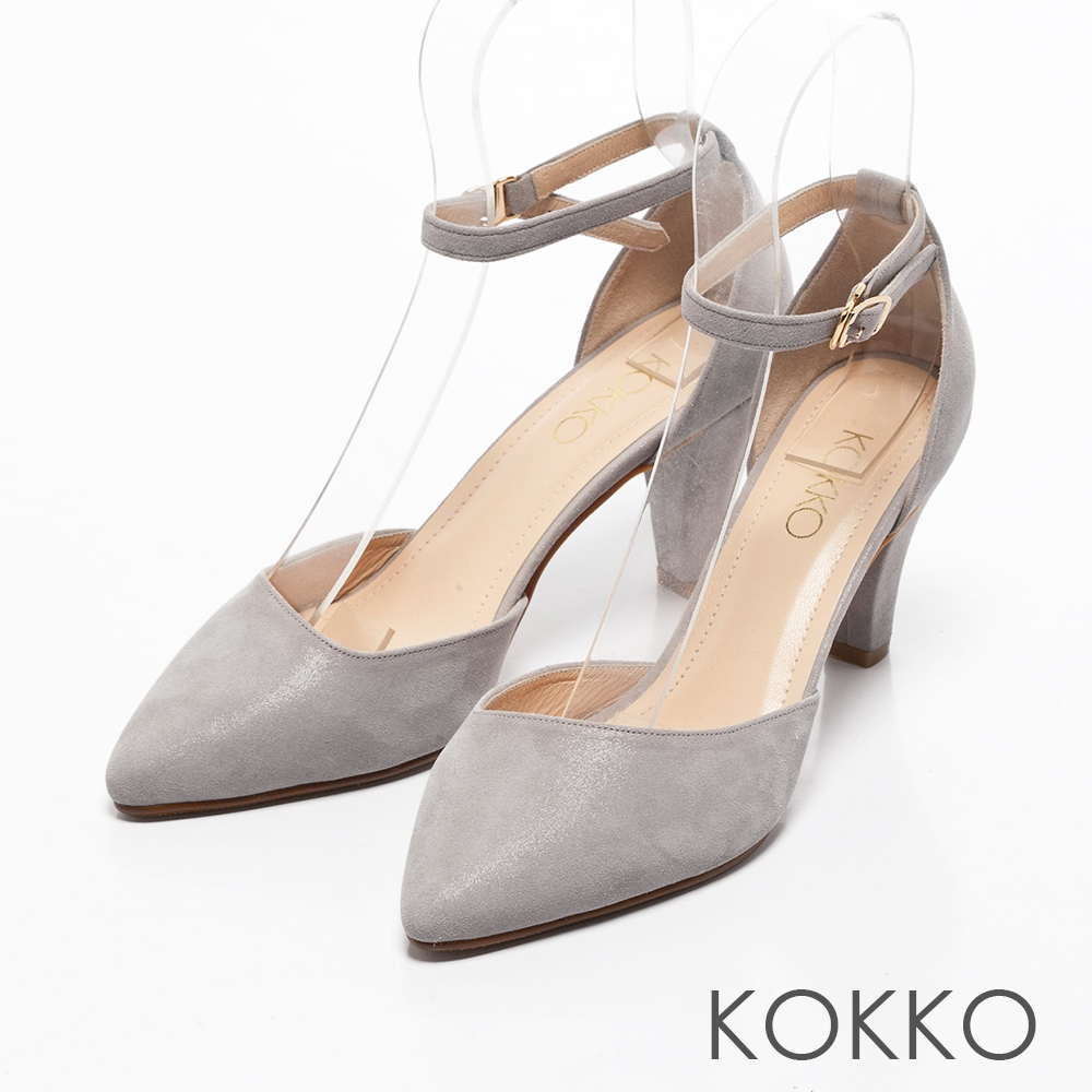 KOKKO -復刻經典尖頭踝帶真皮高跟鞋-溫柔灰