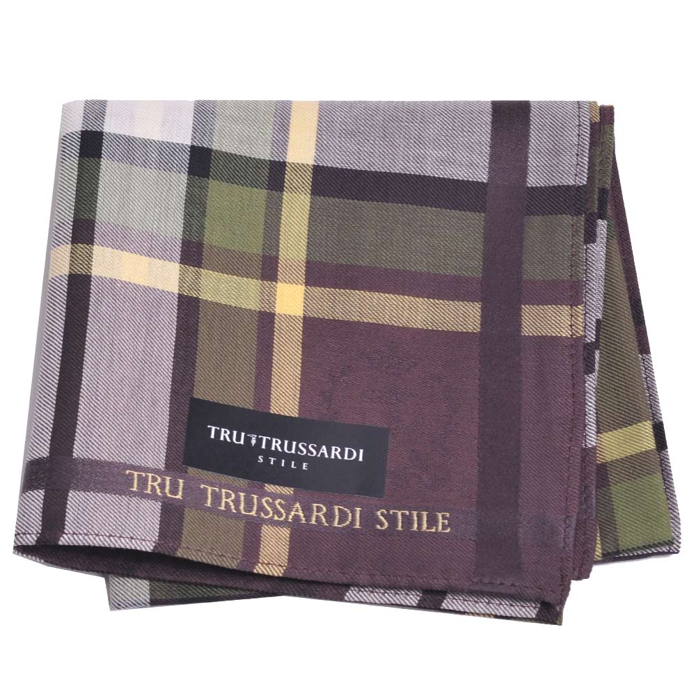 TRUSSARDI 貴族犬正方格圖紋浮水印LOGO帕領巾(咖啡格)