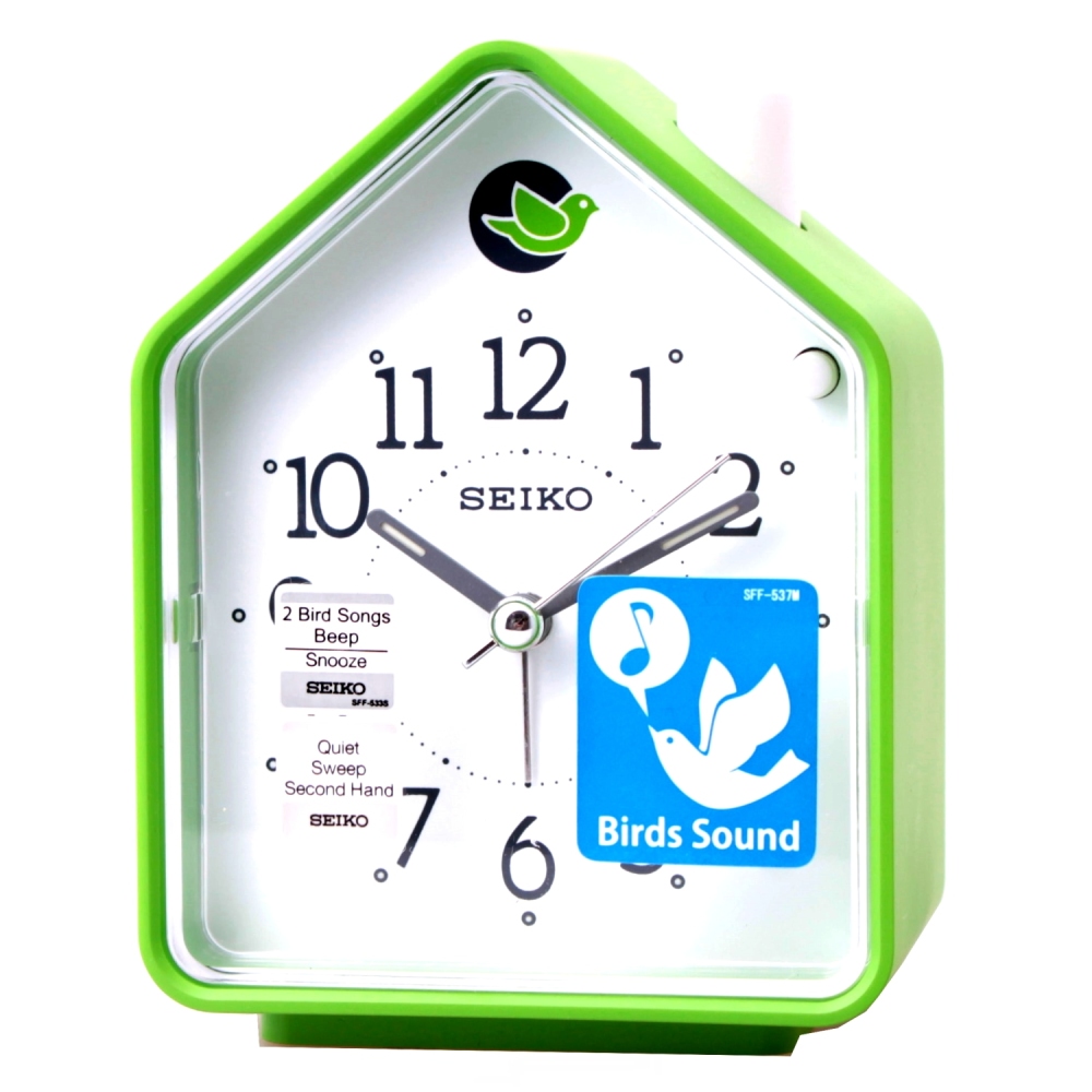 SEIKO 精工幸福鳥鳴鬧鐘-白x綠框