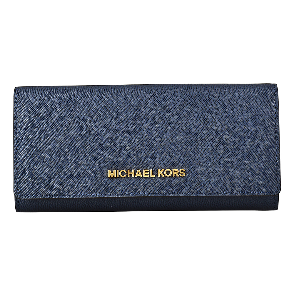 MICHAEL KORS JET SET TRAVEL金字LOGO防刮牛皮釦式長夾(深藍)