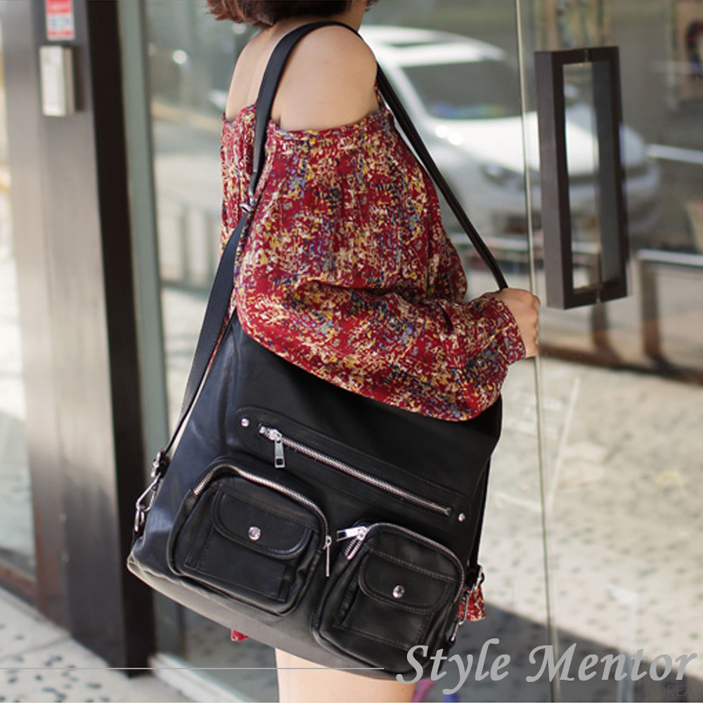 【Style Mentor】大口袋後背肩背兩用包包 (黑色)