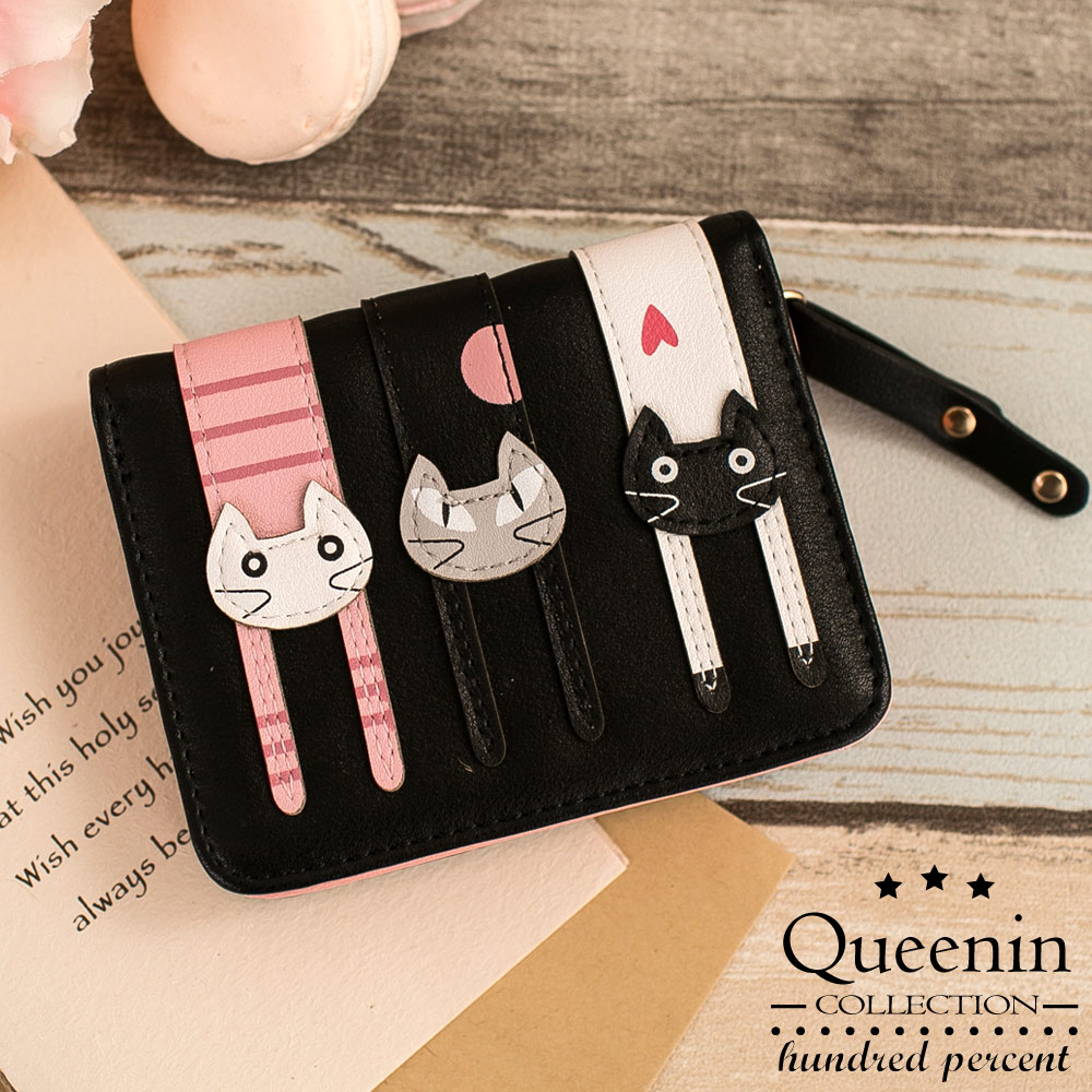 DF Queenin皮夾 - 妙妙貓拼剪式圖案可愛短夾-黑色