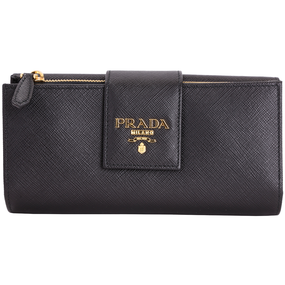 PRADA Saffiano Metal 金字掀式多卡層釦式中長夾(黑色)