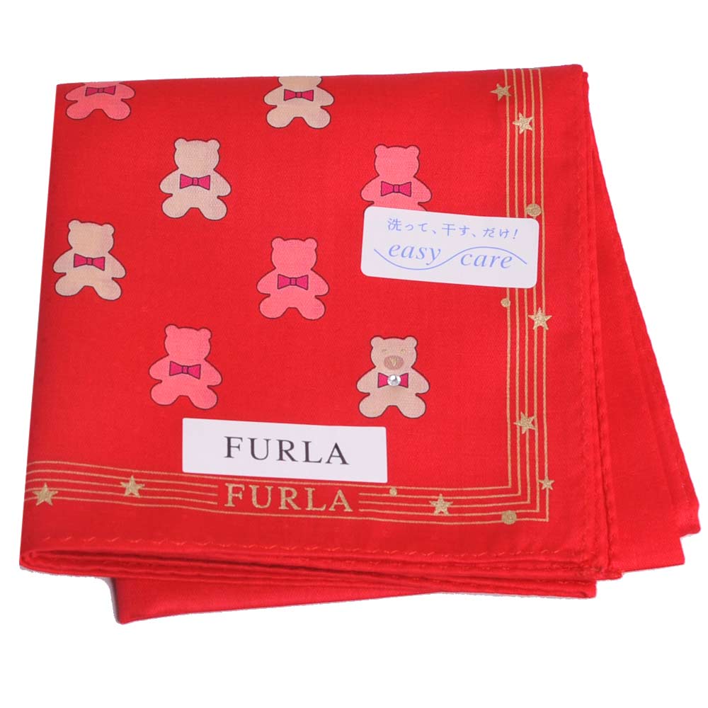 FURLA 可愛小熊圖騰品牌字母LOGO圖騰帕領巾(紅)
