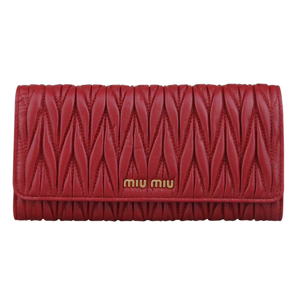 MIU MIU Coffer 經典抓皺設計小羊皮釦式長夾(深紅)