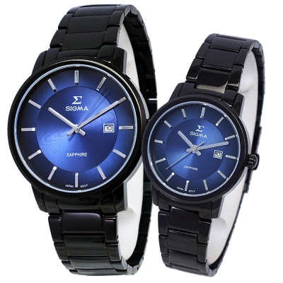 SIGMA 質感簡約藍寶石時尚情人對錶-藍X黑/30/40mm