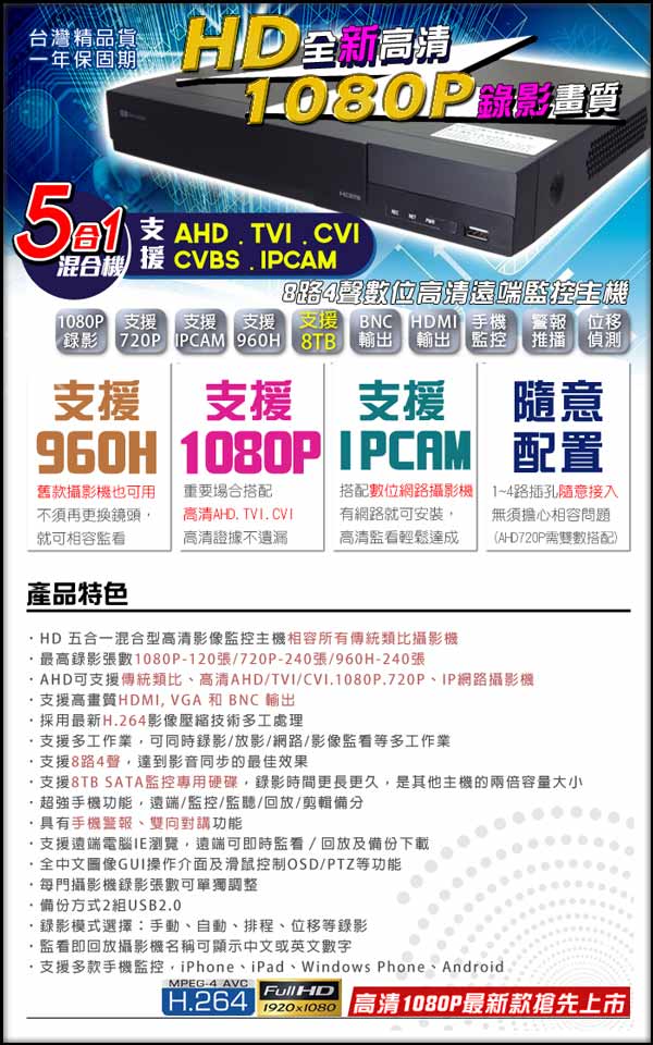 台灣大廠 8路4聲HD1080P監控主機五合一混合機 HDMI/VGA/BNC輸出