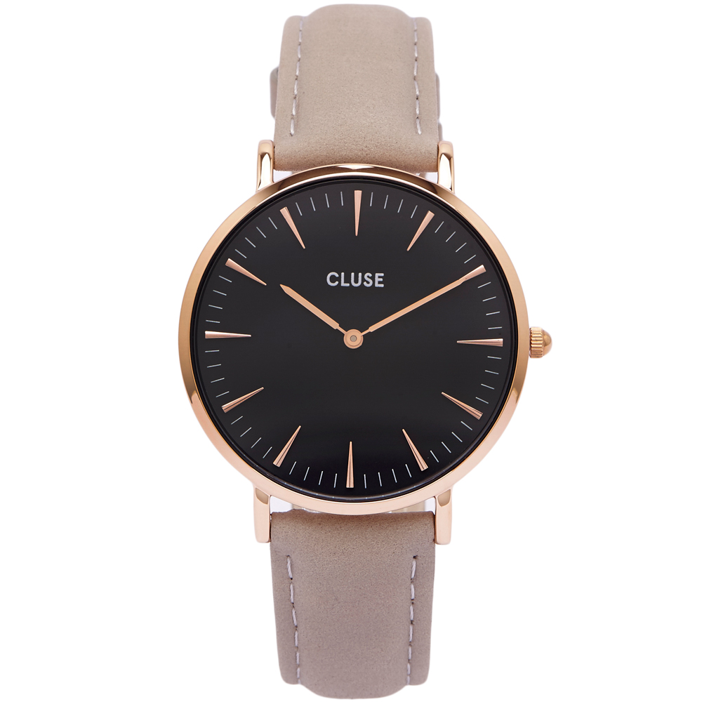 CLUSE 時尚潮流款皮革手錶(CL18018)-黑面X玫瑰金框/38mm